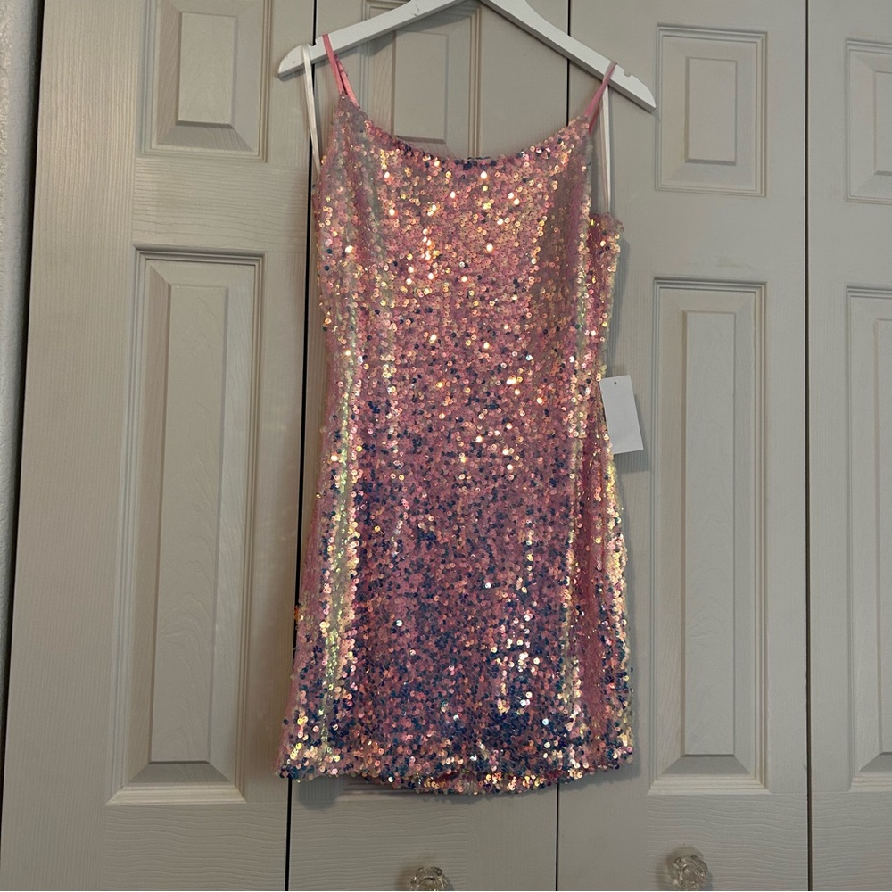 NWT B Darlin Pink Sequin Mini Dress Sz 13/14 Formal Sparkly Homecoming Prom